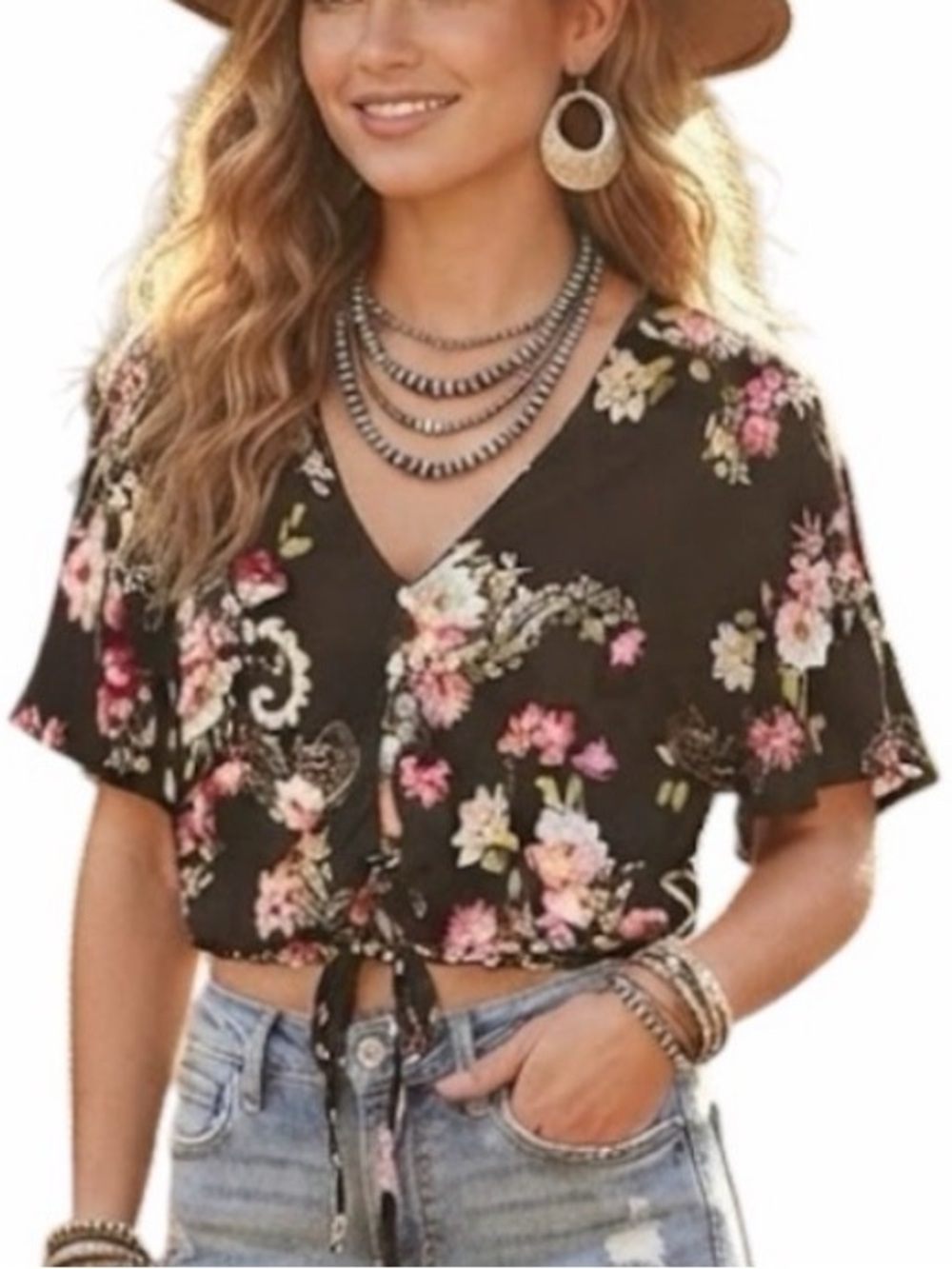 ECLIPSE Paisley Floral Tie Front Crop Blouse Black Medium Bohemian